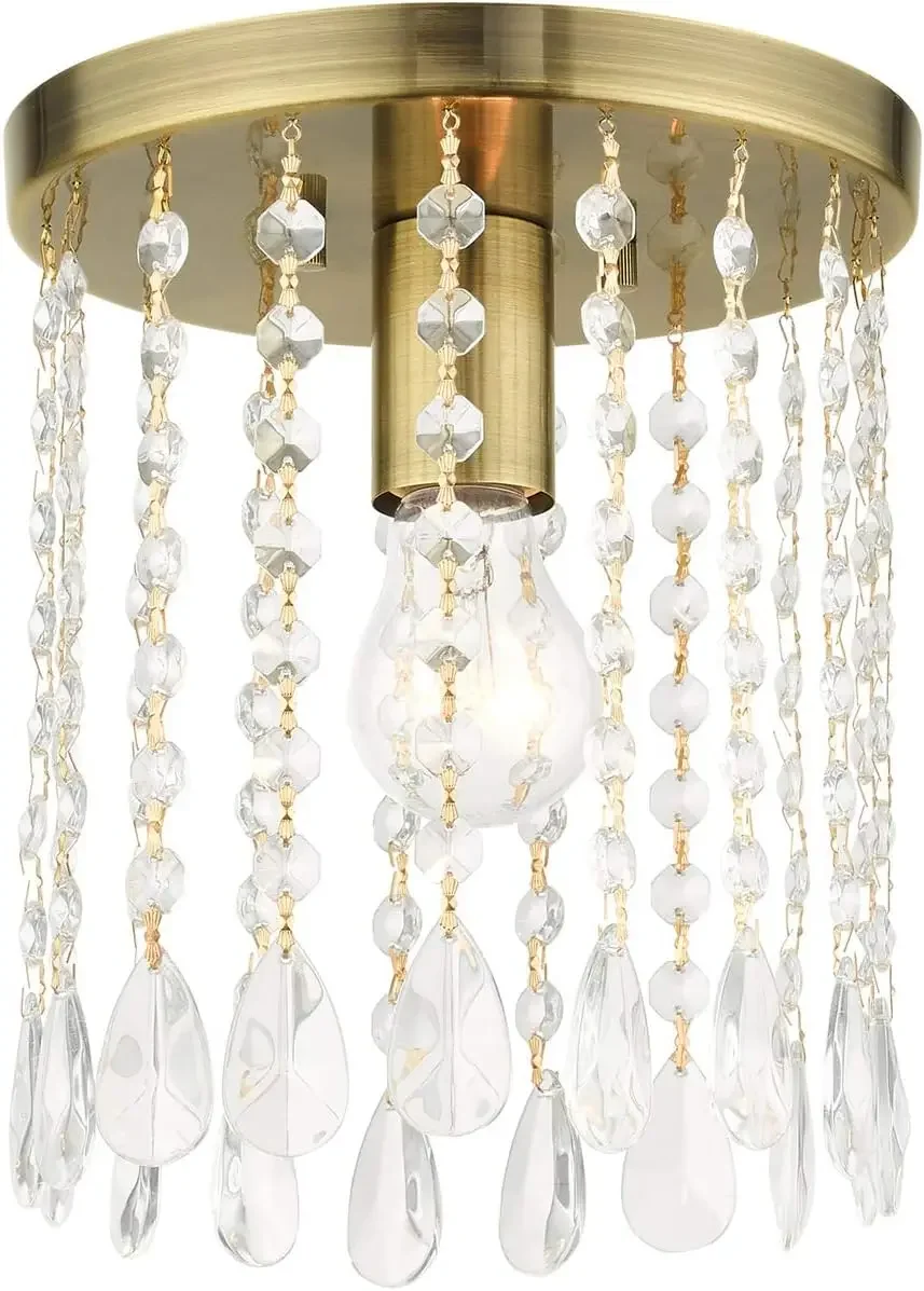 

Petite Flush Mount Antique Brass Medium Base Steel Hand Assembled Crystal Shade Wall Light Bulb Options - A19. Suitable