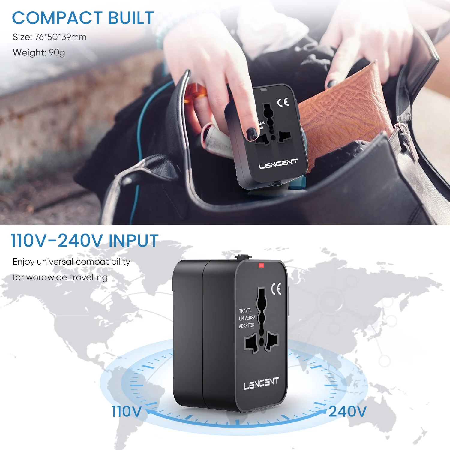 Universal Travel Adapter, LENCENT All in One International Power Adapter  Charger with Dual USB Charger Ports for UK Europe Australia China over 200+