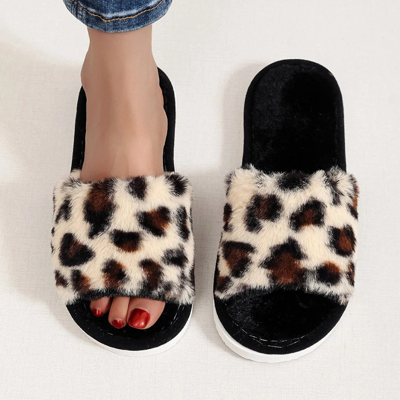 Leopard Print Open Toe House Slippers Women Lightweight Flat Sole Indoor Home Plush Slides Woman Bedroom Warm Cotton Slippers