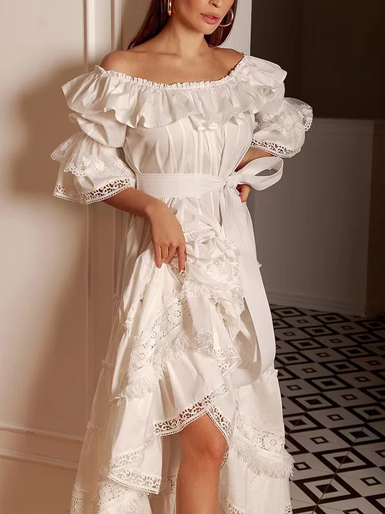VGH Elegant White Dress For Women Slash Neck Short Sleeve