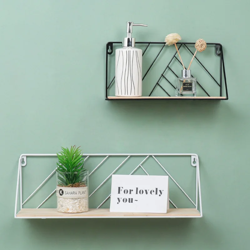 Wooden Iron Wall Shelf Punchfree Wallmounted Storage Rack Hanging