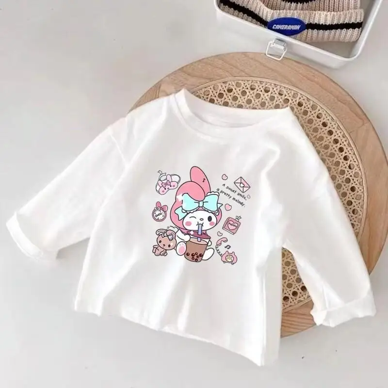 Sanrio 헬로 키티 마이 멜로디 쿠로미 시나모롤 소년 소녀 긴 소매 코튼 티셔츠 탑 봄 여름 패션 프린트 티셔츠