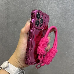 Luxury Curly Wave Semi - Plush Phone Case with Lanyard and Wrist Strap - iPhone 15 Pro Max (Rose Red)