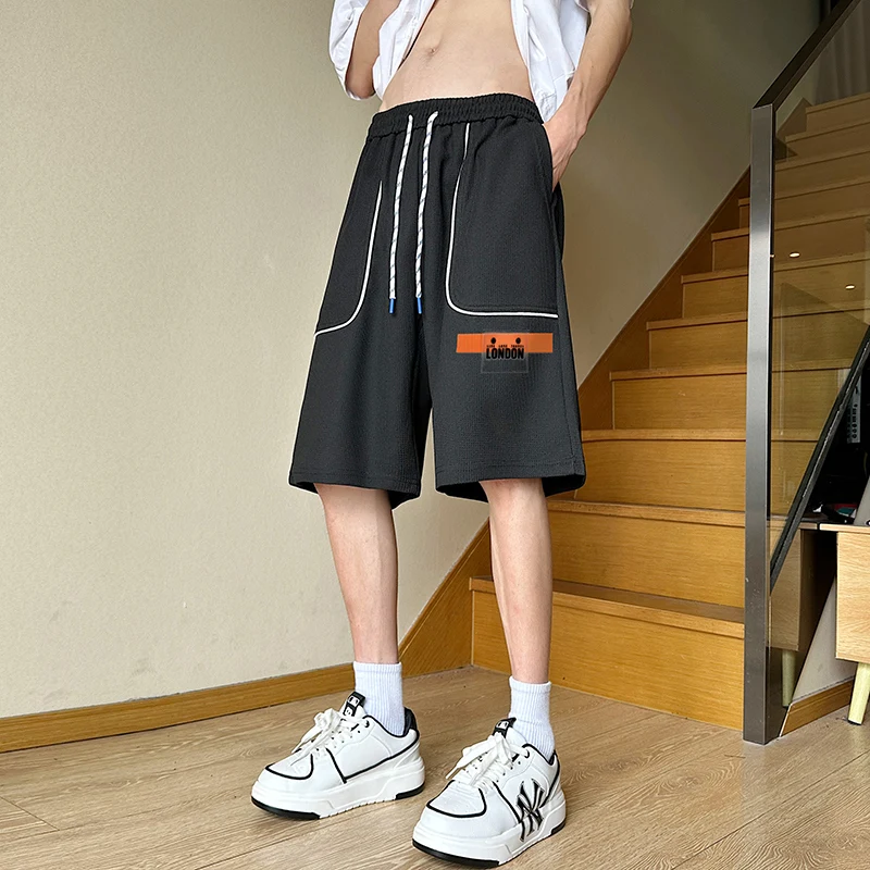 Summer Men's Clothing Elastic High Waisted Pockets Drawstring Bandage Contrast Color Casual England Style Sweatpants Shorts