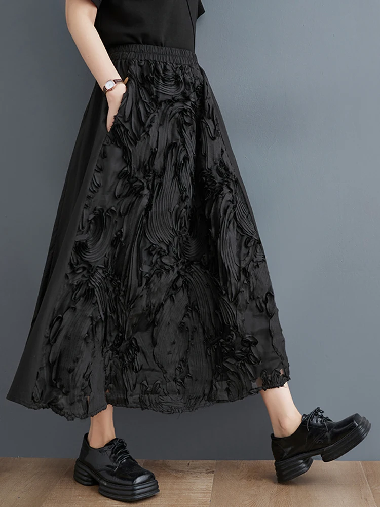 

2023 Summer New Woman Skirt Black Elastic High Waist Irregular Three-Dimensional Pattern Patchwork Skirts Faldas Mujer Saias