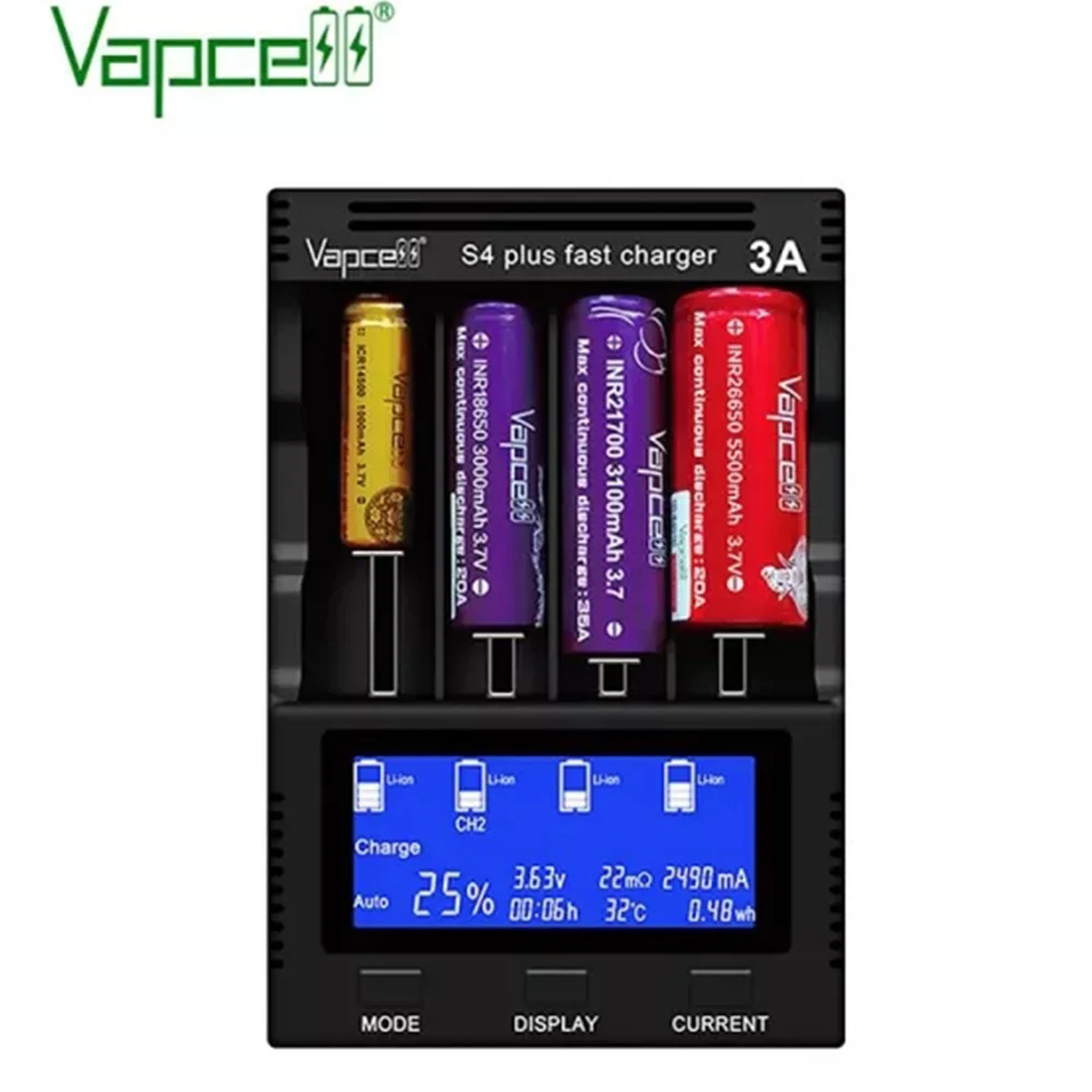 Vapcell S4+ 3.0 Version Smart Chargers with 4 Slots Max 3A Per Slot Battery Charger for 10440 14500 16340 18650 21700 26650 battery charger