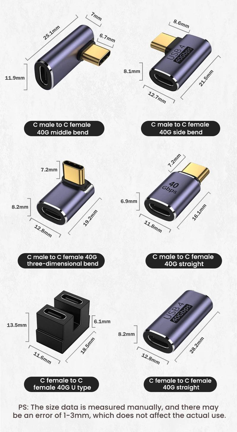 USB 4.0 PD 100W 8K 60Hz Charger Connector for Macbook 40Gbps High Speed USB C OTG U-Shape Straight Angle Male to Female Adapter