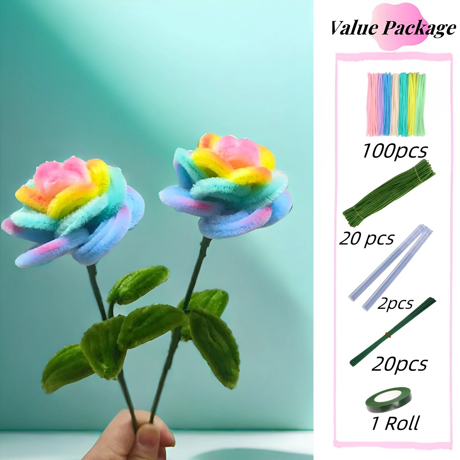 120PCS DIY Crafts Pipe Cleaner Chenille Stems Kits for Flower Making, Artificial Rose Bouquets for Party Home Decoration