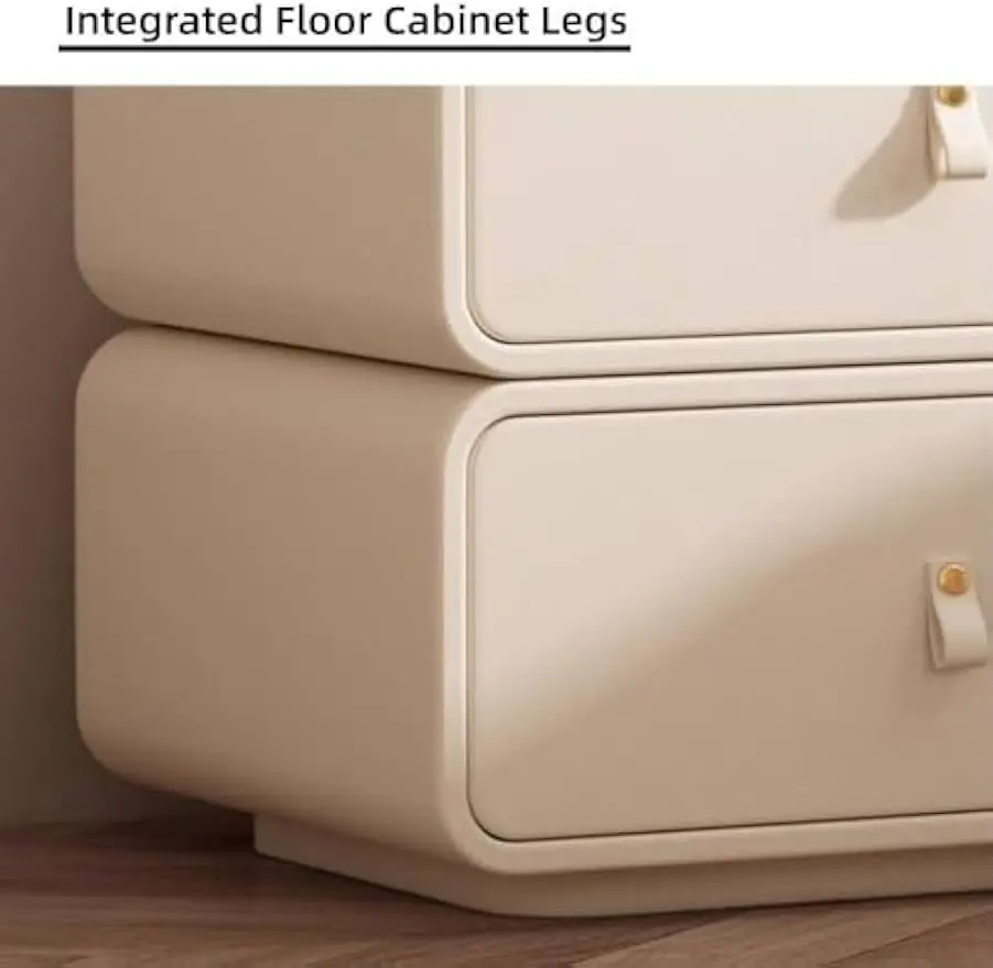 Solid Wood Nightstand, Leather Cream Style Bedside Table with 2 Drawer, Rounded Corner Storage Cabinet No Installation Required