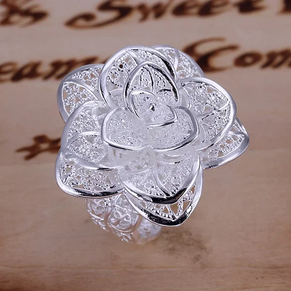 925fashion Gold color simple elegant silver hollow Rose jewelry ring women lady gift cute wedding R116 wedding rings silver ring womens ring finger rings jewelry rings ring jewelry