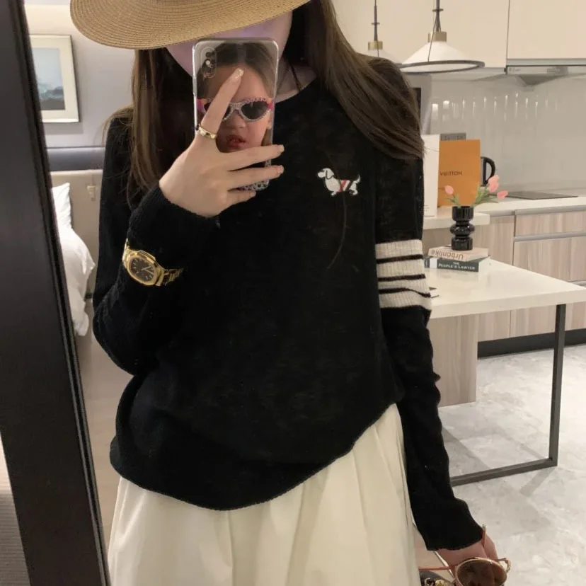 

TB BROWIN Women Knitted Top Long Sleeve Thin Pullover Slim Soft T-Shirt O-Neck Dog Solid Striped Top