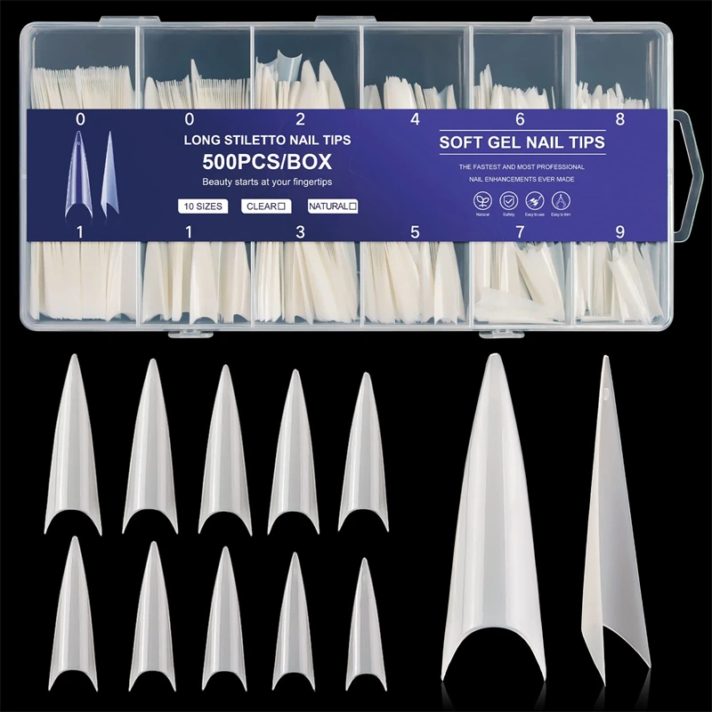 

500Pcs/Box Stiletto False Nail Tips Soft Long Artificial Acrylic Nail Extension Half Cover Nail Mold Salon Manicure Tools