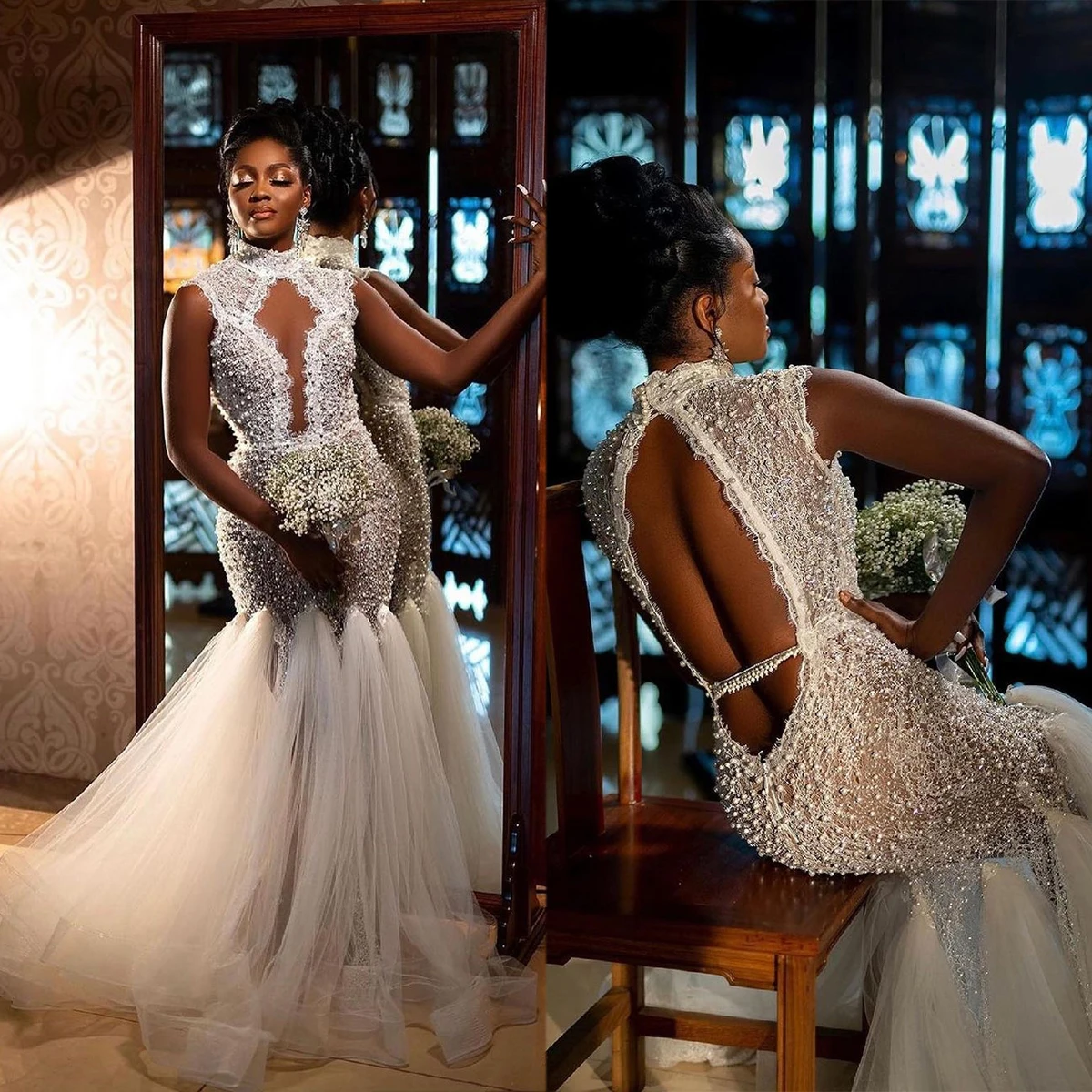 

Exquisite Mermaid Wedding Dress Pearls High Collar Backless Bridal Gowns Custom Made Vestidos De Novia Sirena