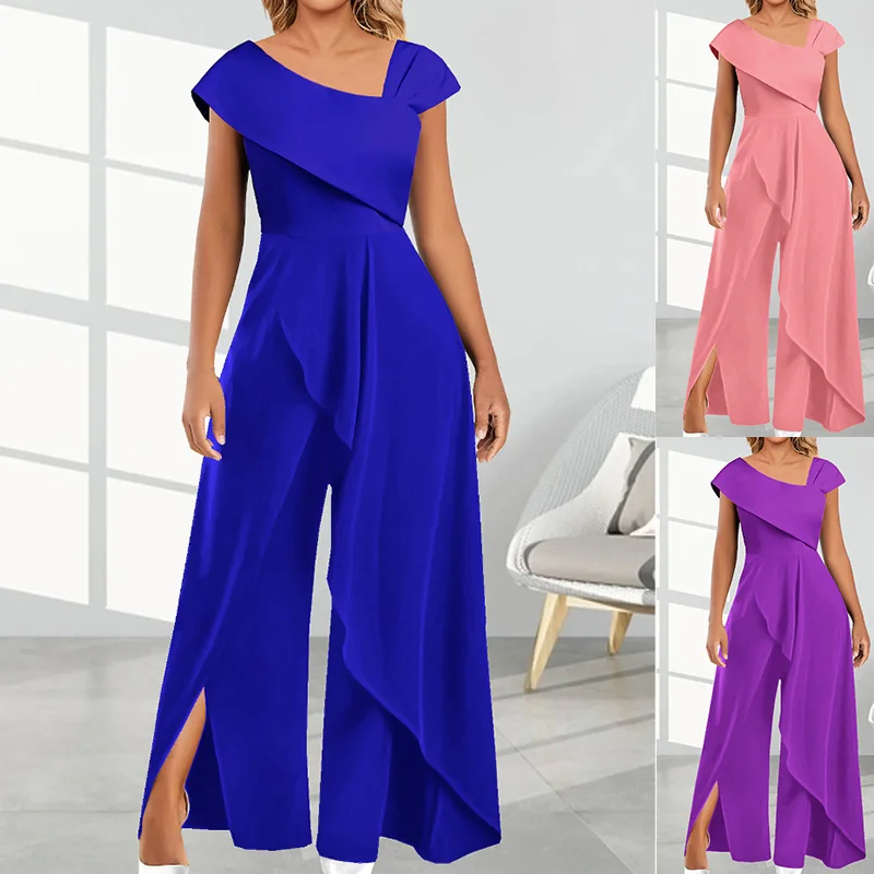 

ON01238 2024 Autumn Spring New Women's Fashionable And Minimalist Style Slanted Neck Solid Color Jumpsuit