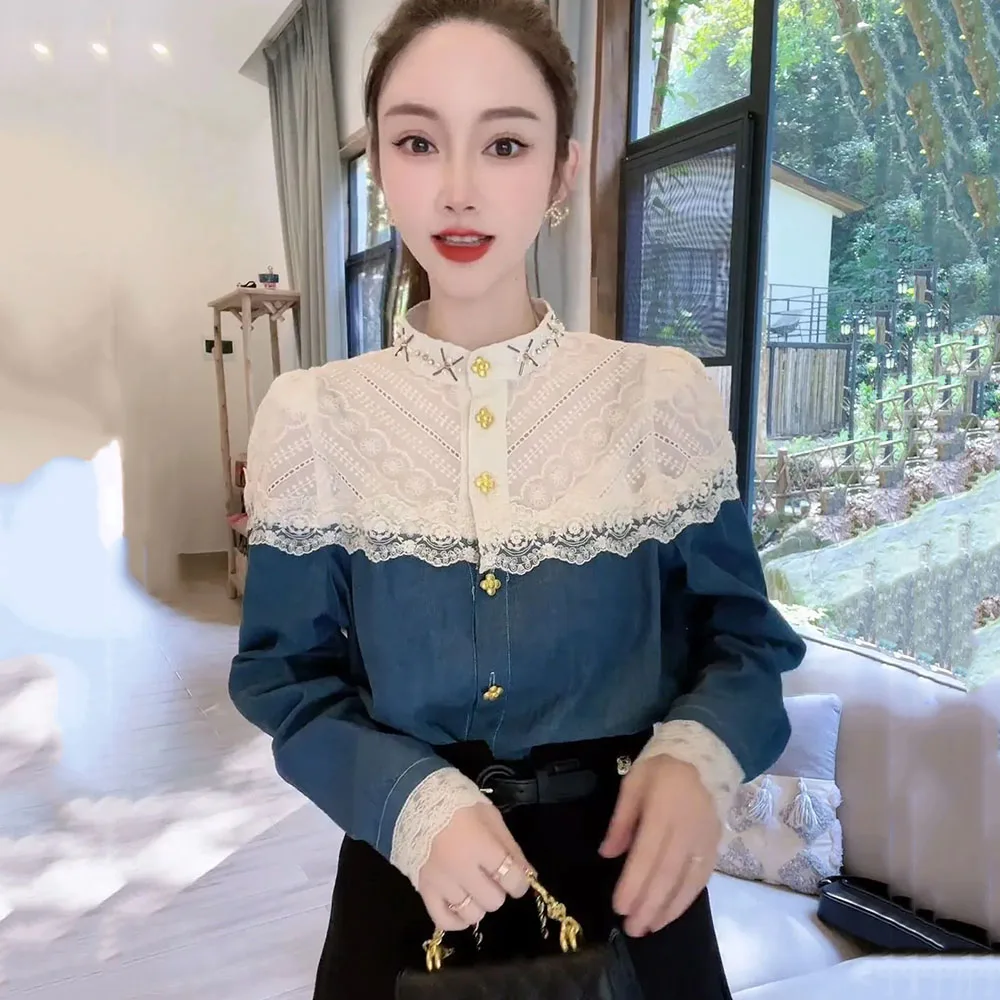 

Denim Shirt For Women Early Autumn Stand Collar Panel Lace Splice Blouses Women's Sweet Fashion Tops Office Ladies Chic Jacket