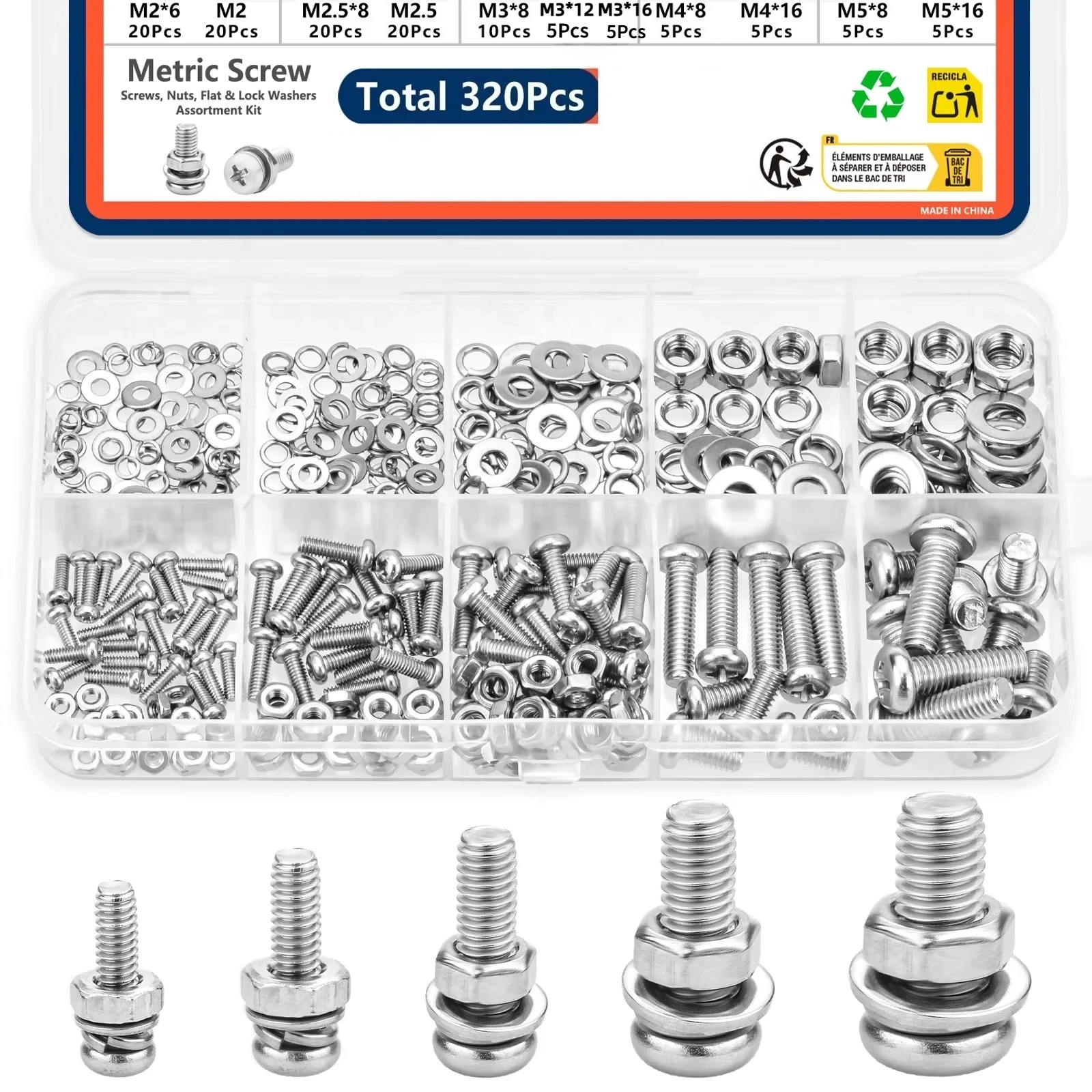 320pcs Screws Nuts Washers Assortment Kit Rustproof Metric Hardware Set M2-M5 for DIY Home Repair Industrial Use