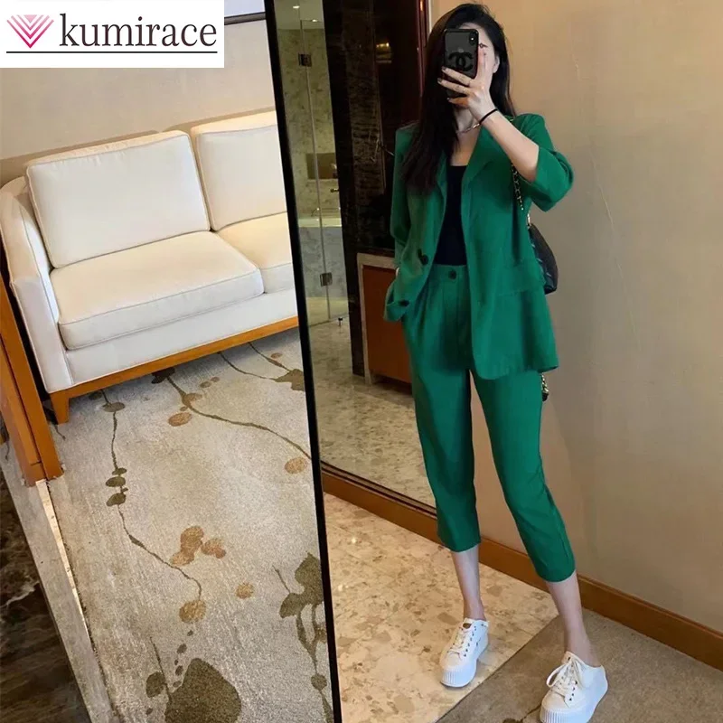 2024 Summer Korean Edition New Temperament OL Suit Coat High Waist Split Leggings Fashion Two Piece Set Trendy pant sets women s pants tops bra sets luxury satin shirt 3 pieces official suit temperament professional coat high waist casual traf dress