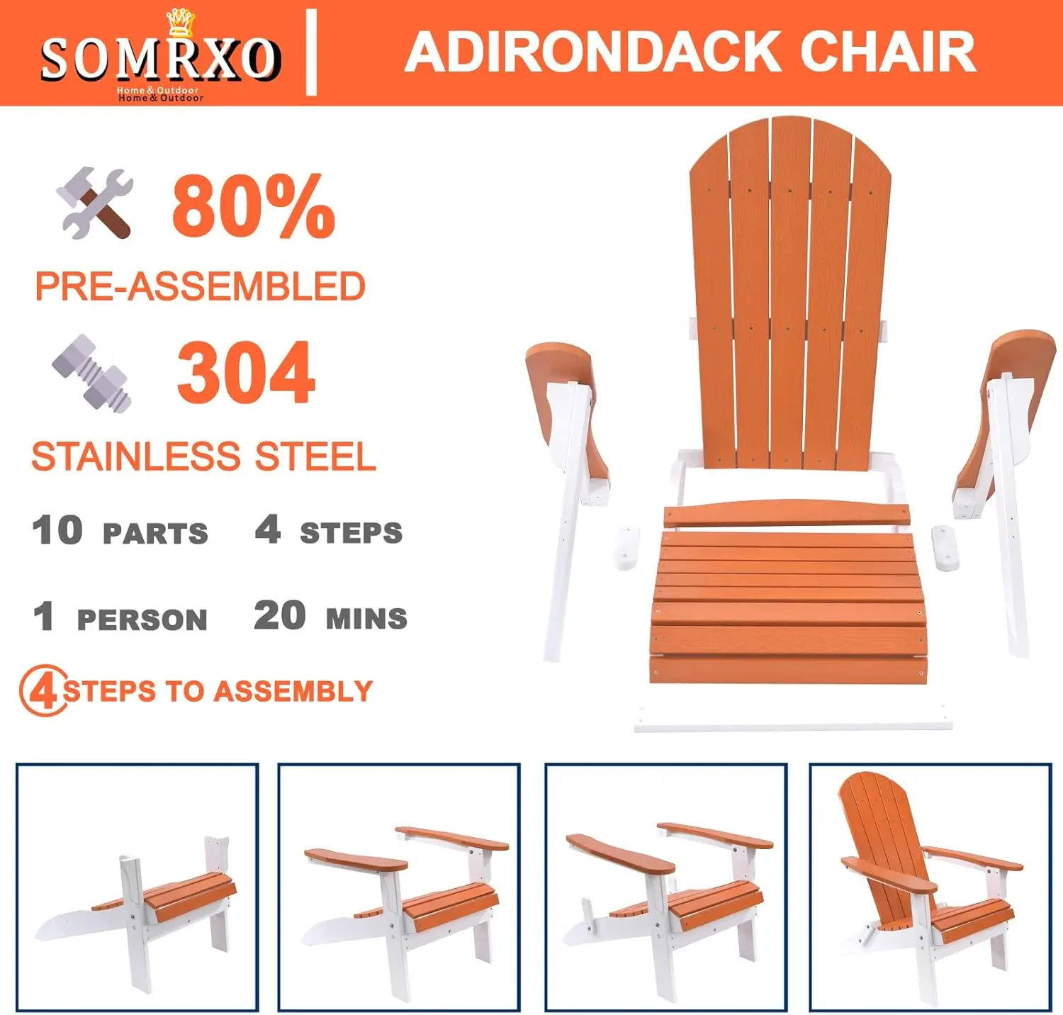 Foldable Adirondack Chair. Weather Resistant. Fire Pit Chair. Durable Plastic. White & Orange. For Patio, Garden.