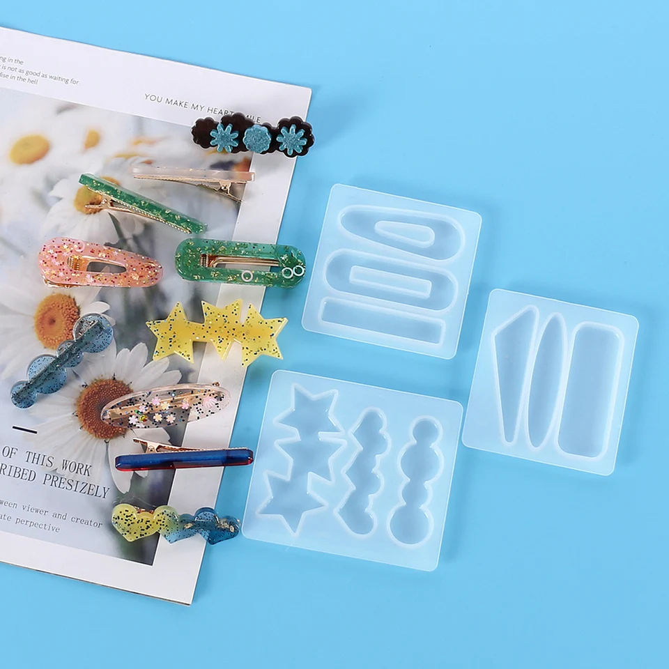 PIGBIT Hair Clip Silicone Molds - 4 Piece Set With 6 Gold Clips For DIY Resin Hair Accessories