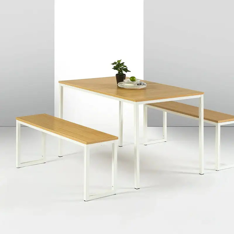 

White Metal Dining Table with Benches, 3 Piece Dining Set