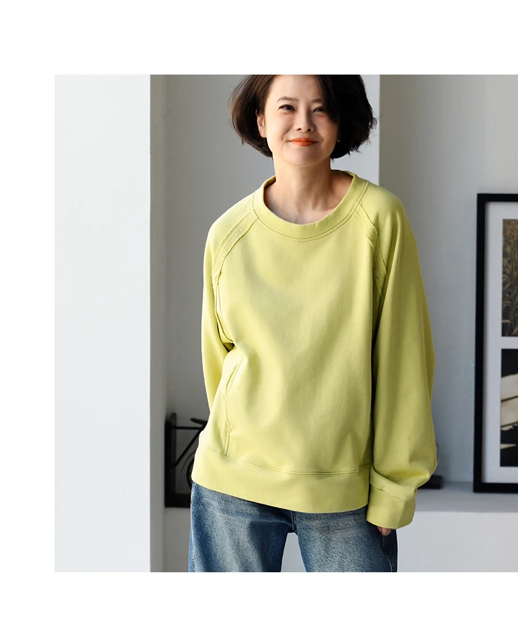 R67261 Korean Style Versatile Outer-Stitched Round Neck Raglan Sleeve Slimming Pure Cotton Pullover Sweatshirt for Women 25 Spring