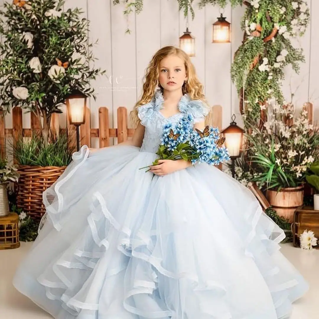 

FATAPAESE Light Blue Flower Girl Dress Wedding Party Tulle Organza Skirt Ruffled Princess Ball Gown Overflowing Floral Kids