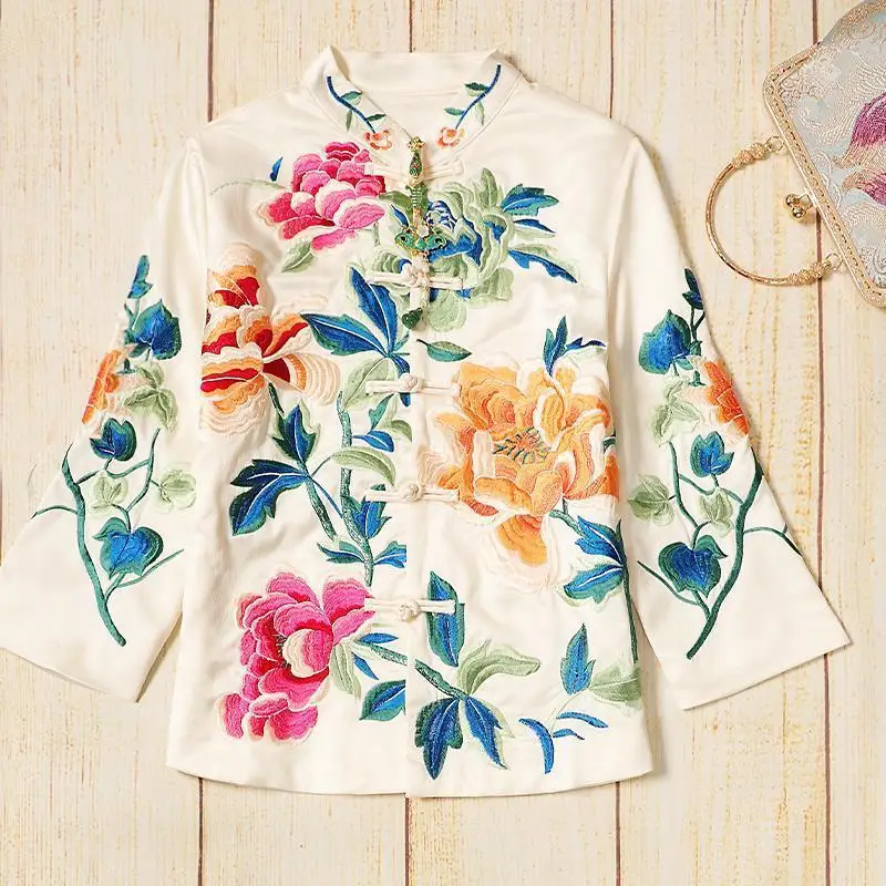 Peony Flower Embroidery Vintage Tang Suit Jacket Women Long Sleeve Single-breasted Loose Stand Collar Chinese Style Outerwear chinese dress
