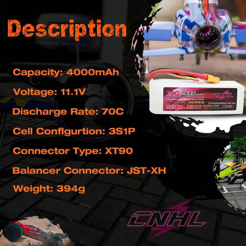 CNHL 11.1V 3S Lipo Battery 4000mAh 70C With XT90 Plug For RC Car Rock Crawlers Airplane Vehicle Tank Truck Catamaran Boat 2