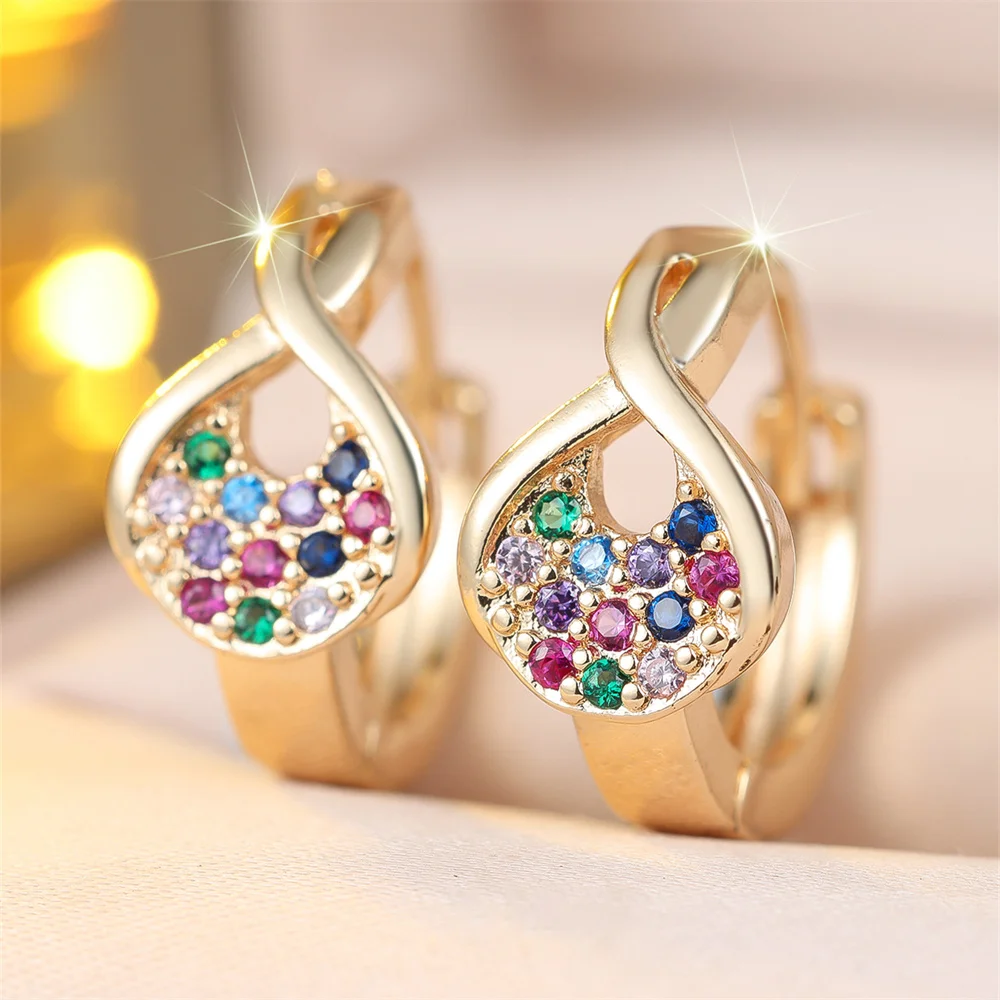 Geometric Crystal Small Stone Rainbow Hoop Earrings For Women Vintage Gold Silver Color Ear Buckle Wedding Jewelry Bridal Gifts
