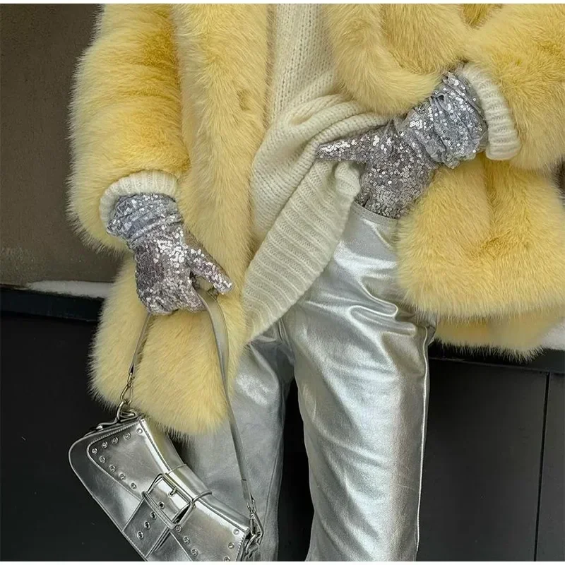 Fashion Faux Fur Jacket Coat Women Warm Fluffy Loose Long Sleeve Lapel Female Overcoat Winter Yellow Lady Street Outwear