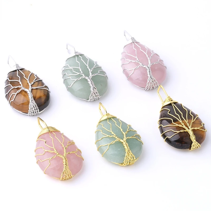 

Tiger Eye Tree of Life Necklace Natural Stone Pendant Gold Winding Rose Crystal Pink Quartz Green Aventurine