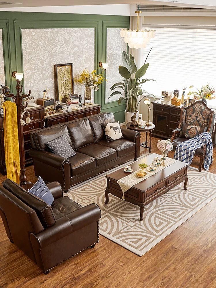 

Новый американский кантри Ретро масляный восковой наголовник кожаный диван комбинация виллы светильник роскошный классический диван для гостиной