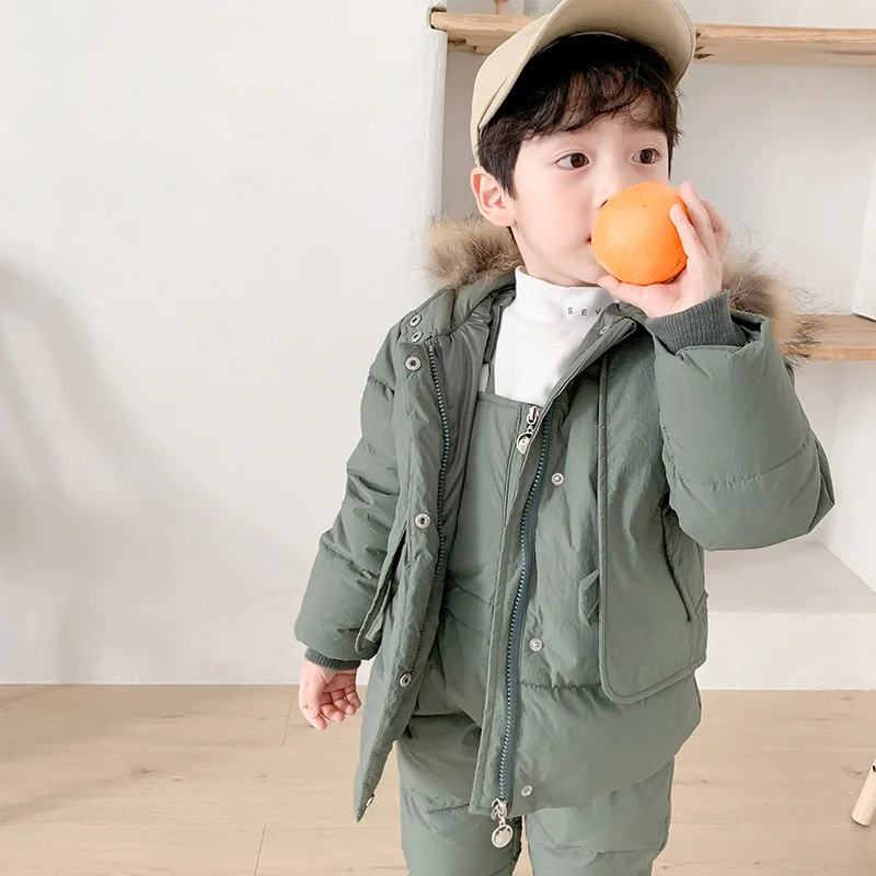 2 Pcs Kids Parka Snow Wear Outfits Boys Girls Hooded Jackets Overalls-30℃ Winter Down Suit 2-6 Years
