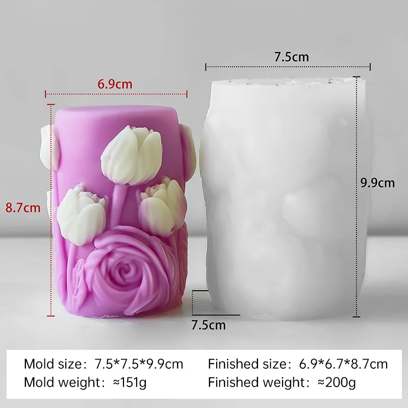 Handgemachte Aroma-Kerzen-Gipsornamente: Blumen-Säulenformen für Heimdekoration, 3D-Zylinder-Ahorn-Blüten-Tulpen-Silikonform – Detail 13