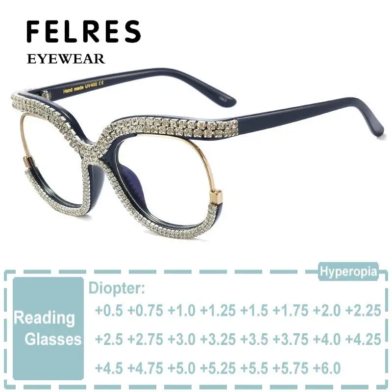 

Luxury Brand Oversized Square Eyeglasses Vintage Half Frame Diamond Reading Glasses Women Anti Blue Light Presbyopia Eyeglasses