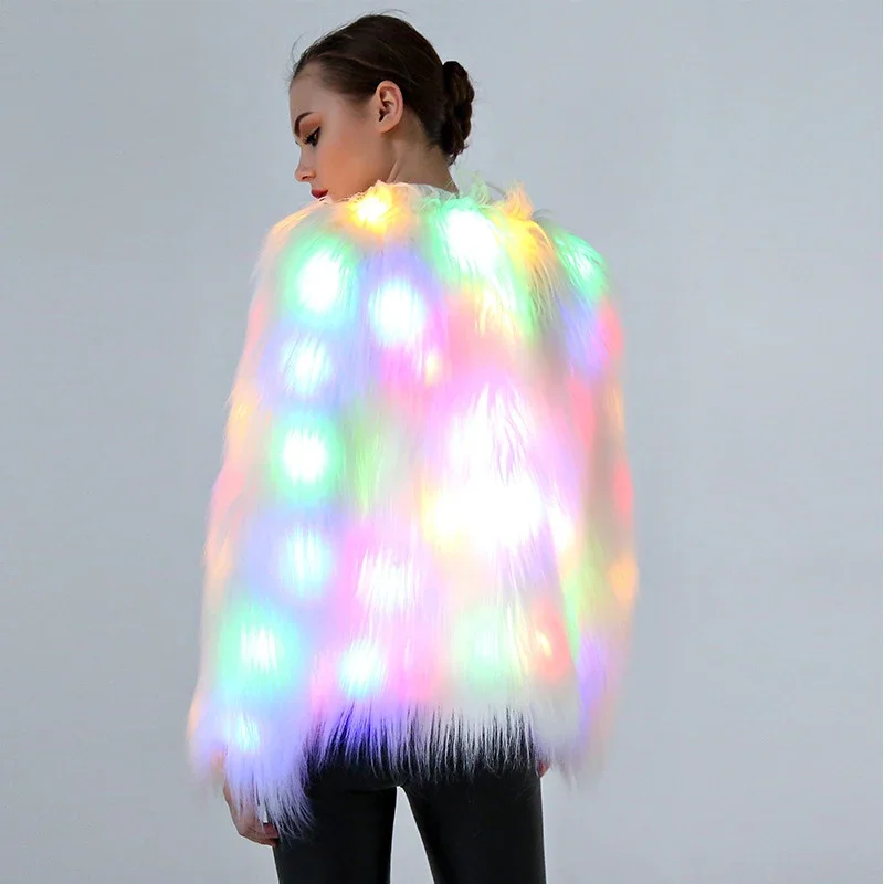 Women Faux Fur Coat Valentine Cosplay LED Multi-Color Warm Hoodie