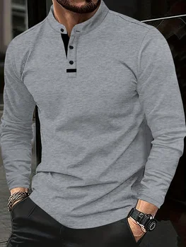 A Stylish Men's Round-Neck Plain Spliced Polo Shirt Suitable for Wearing at Home in Summer, Autumn, and Winter 1