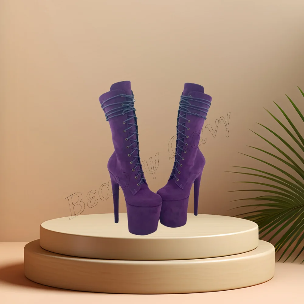 

Purple Suede Platform Boots Spike Heel Cross Tied Side Zipper Spike High Heel Shoes for Women High Heel 2023 Zapatillas Mujer