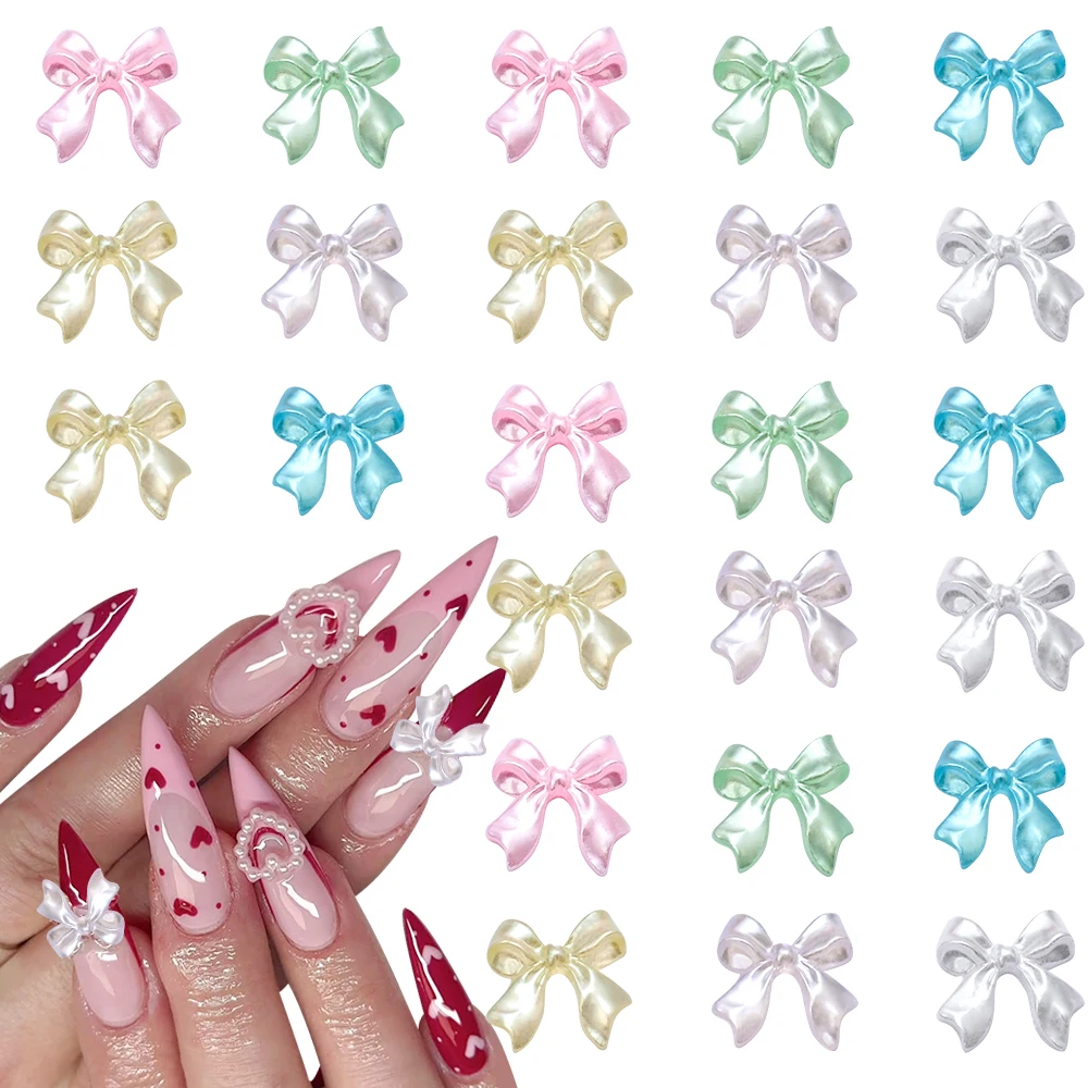 100Pcs 진주 흰색 광택 리본 활 네일 아트 매력 3D 우아한 Kawaii 수지 Bowknot 여름 네일 장식 매니큐어 Accessorie