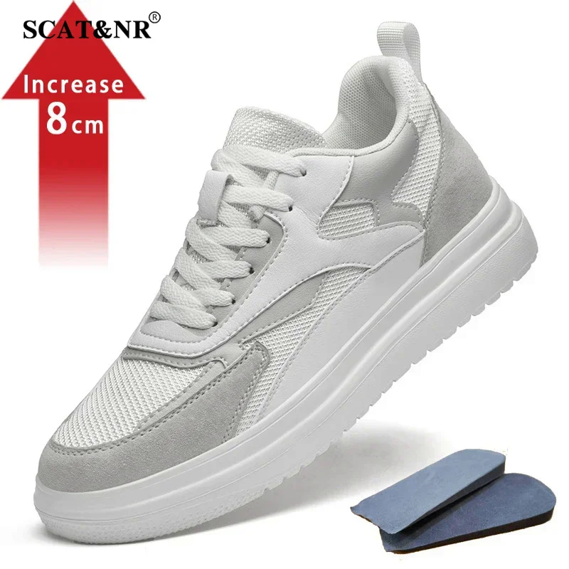 New Men Trendy Leather Sneakers Elevator Shoes Invisible Breathable Heightening Shoes 8cm Men'S Casual Light Sneakers Designer