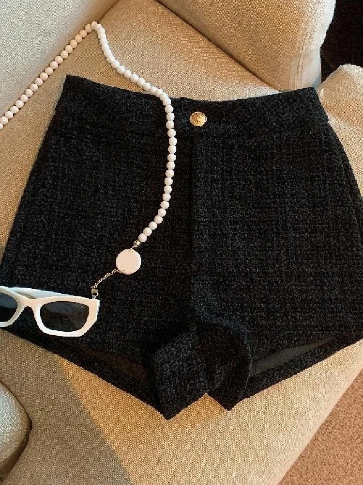 Tweed Shorts Women Korean High Waist Wide Leg Shorts Office Lady Elegant White Black Autumn Winter Casual All Match Short Pants 4