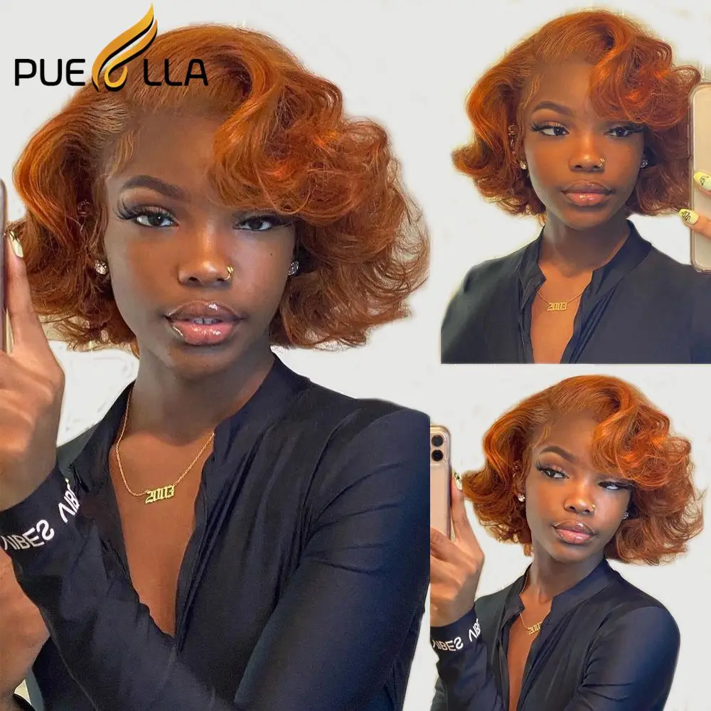 

Ginger Orange Loose Curly Human Hair Short Bob Lace Front Wig Glueless Preplucked Pixie Cut 13X6 Lace Frontal Wigs For Women