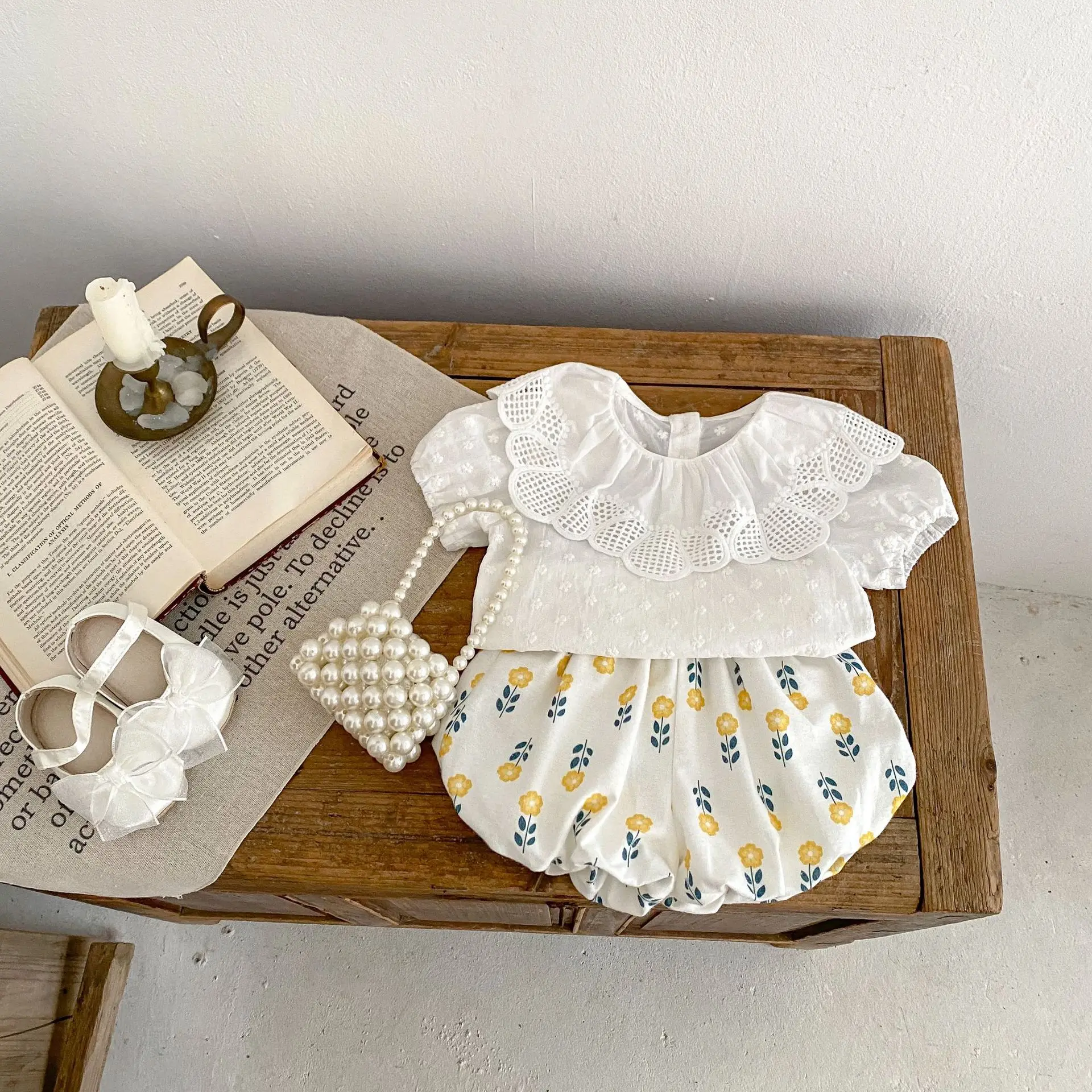 Summer Baby Girl Baby Trend Sweet Everything Solid Color Big Lace Collar Embroidery Small Flower Bubble Short Sleeve Blouse Base baby girl clothes kids bottoming shirt