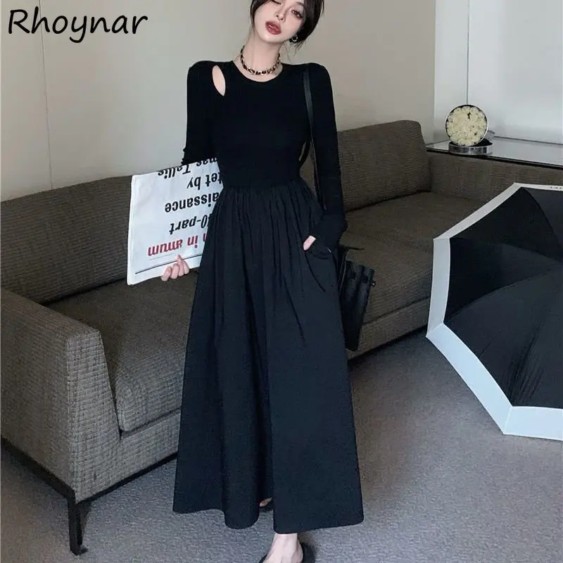 

Hollow Out Dresses Women High Street Vintage Style Tunic Elegant Black All-match Tender Casual Autumn Party Wear Inside Ulzzang