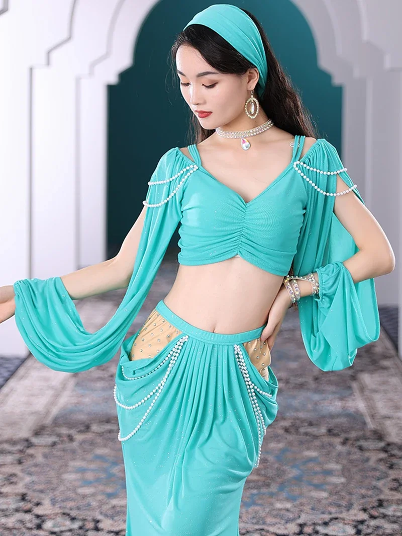 

Women Skirts with Chain Two Piece Suit Dancewear Belly Dance Costume Mesh Hollow Out Training Class Uniform Stage Performance