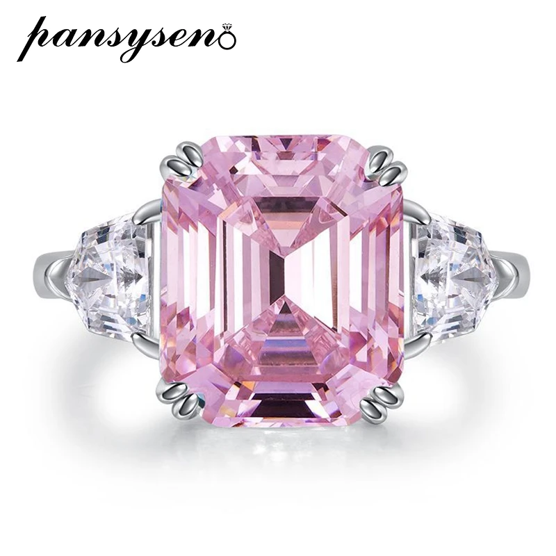 

PANSYSEN Luxury 925 Sterling Silver 10x12MM Pink Sapphire Aquamarine Diamond Wedding Engagement Ring for Women Jewelry Wholesale