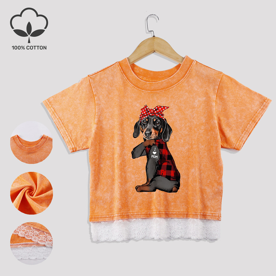 Bow Dog I Love Mom Letter Printing Cotton Washed T-Shirt Trend Summer Lace Hem Crop Tees O-Neck Regular Fit Tops Casual Clothes