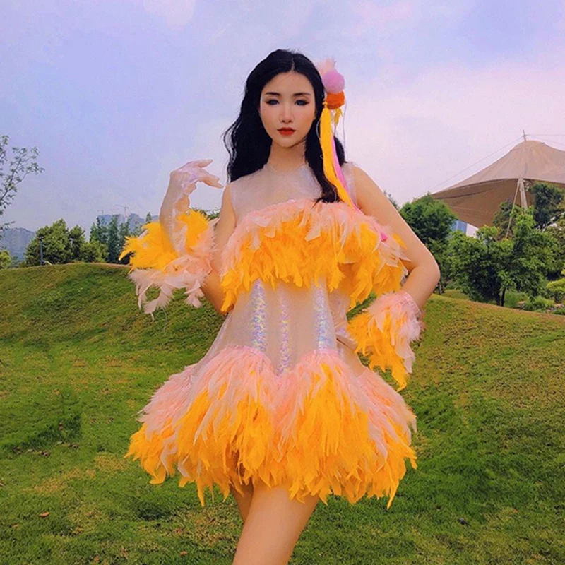 

Nightclub Gogo Dance Costume Orange Feather Party Evening Dress Rave Outfit Drag Queen Clothing Singer Dj Ds Clubwear VDB5258