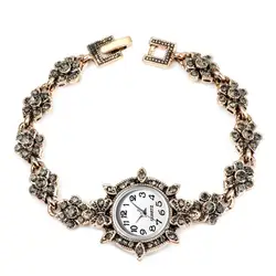 Vintage Women Rhinestone Flower Charm Round Dial Analog Quartz Bracelet Watch