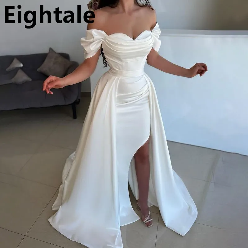 

Eightale 2023 White Mermaid Evening Dress Off Shoulder Pleated Prom Dress Detachable Overskirt Formal Party Gown Robes De Soirée